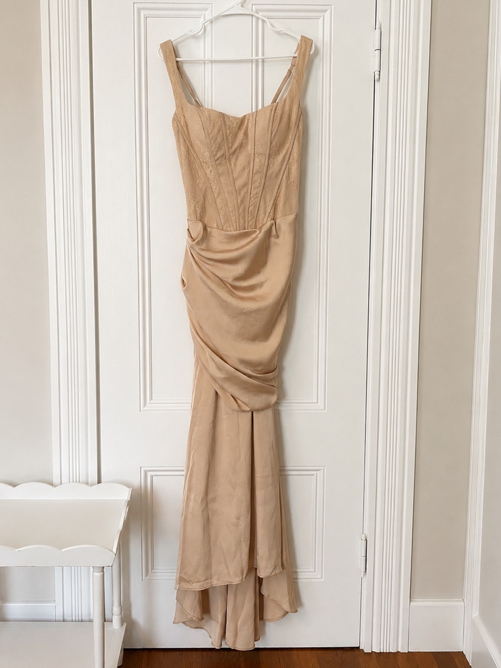 Elegant champagne floral satin prom dress